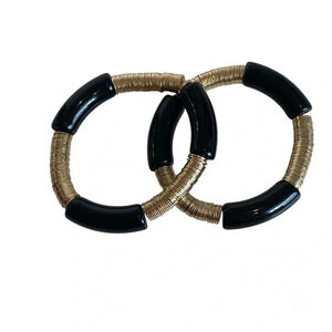 Black And Gold Acrylic And Metal Costume Bracelets Lot Of 2 Bangles Stretch